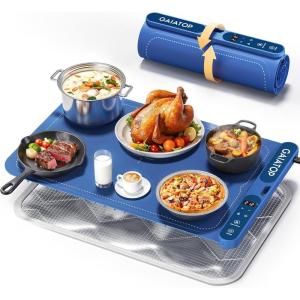 Gaiatop Food Warming Mat, Fast-Heating Silicone Electric Warming Tray with Heat Insulating Pad, 7-Level Temp 8h Timer Food Warmer Mat, Portable Heating Mat for Countertop Gatherings Party Home, Blue(Blue)