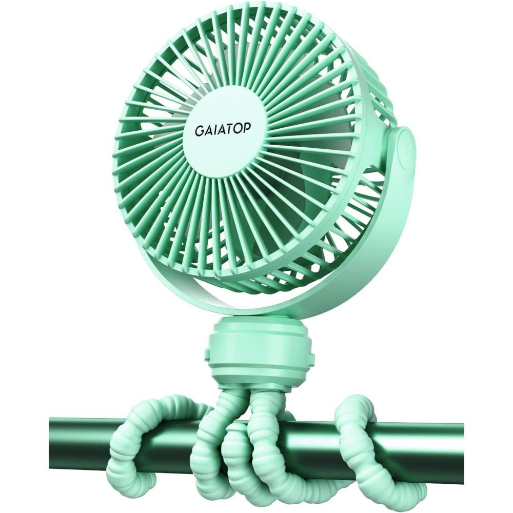imageGaiatop Mini Portable Stroller Fan Battery Operated Small Clip on Detachable 3 Speed Rechargeable 360 Rotate Flexible Tripod Better Cooling for Car Seat Crib Treadmill Travel Blackgreen