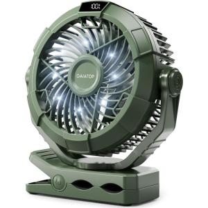 Gaiatop Portable Camping Fan with LED Lantern, 360°Rotation and Clip on for Desk, 4000mAh USB Rechargeable Battery Powered, Digital Display and Hanging Hook for Tent Outdoor Travel Bedroom Black(Green)