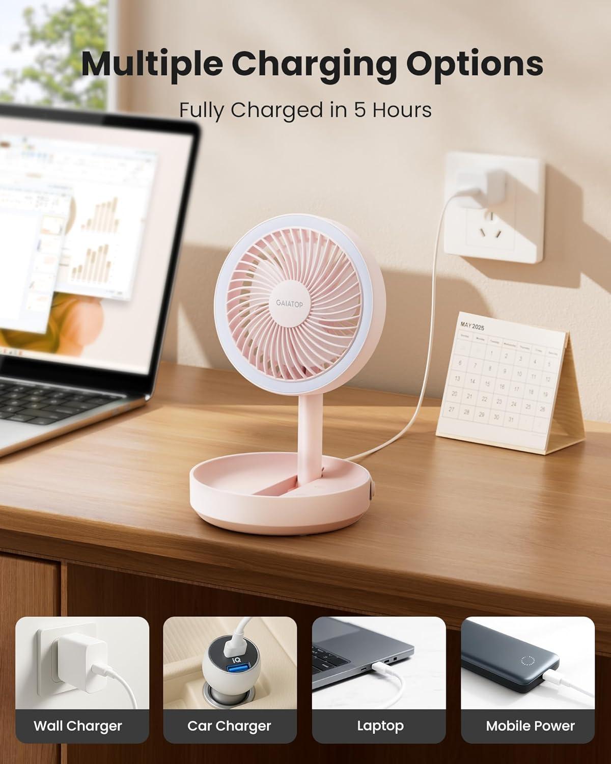 imageGaiatop Foldable Small Desk Fan with LED Night Light Wireless 6000mAh Battery Powered Portable Fan USB Rechargeable Bedroom Office Dorm Travel Camping Cruise Essentials Gifts for Women Men BlackPink