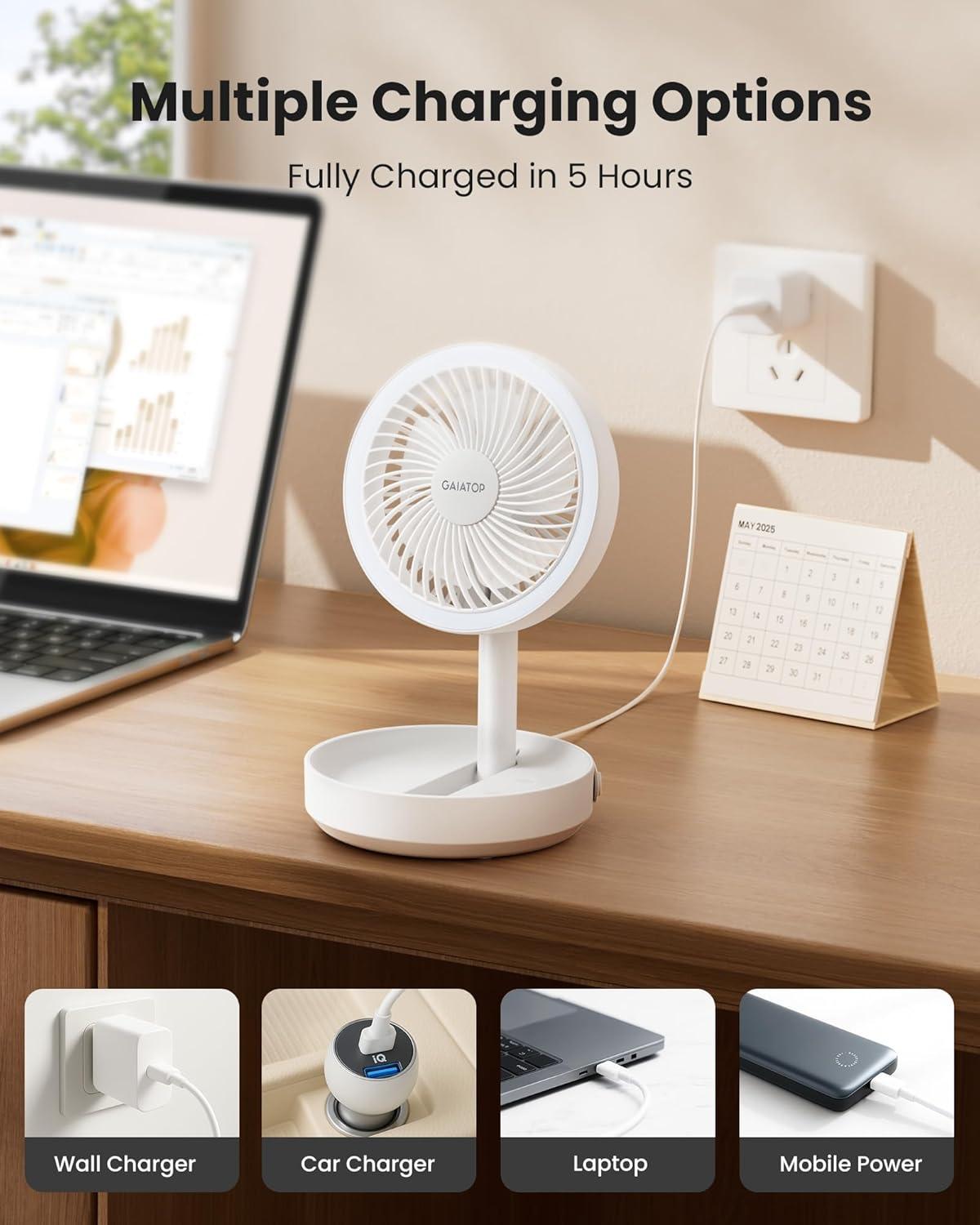 imageGaiatop Foldable Small Desk Fan with LED Night Light Wireless 6000mAh Battery Powered Portable Fan USB Rechargeable Bedroom Office Dorm Travel Camping Cruise Essentials Gifts for Women Men BlackWhite