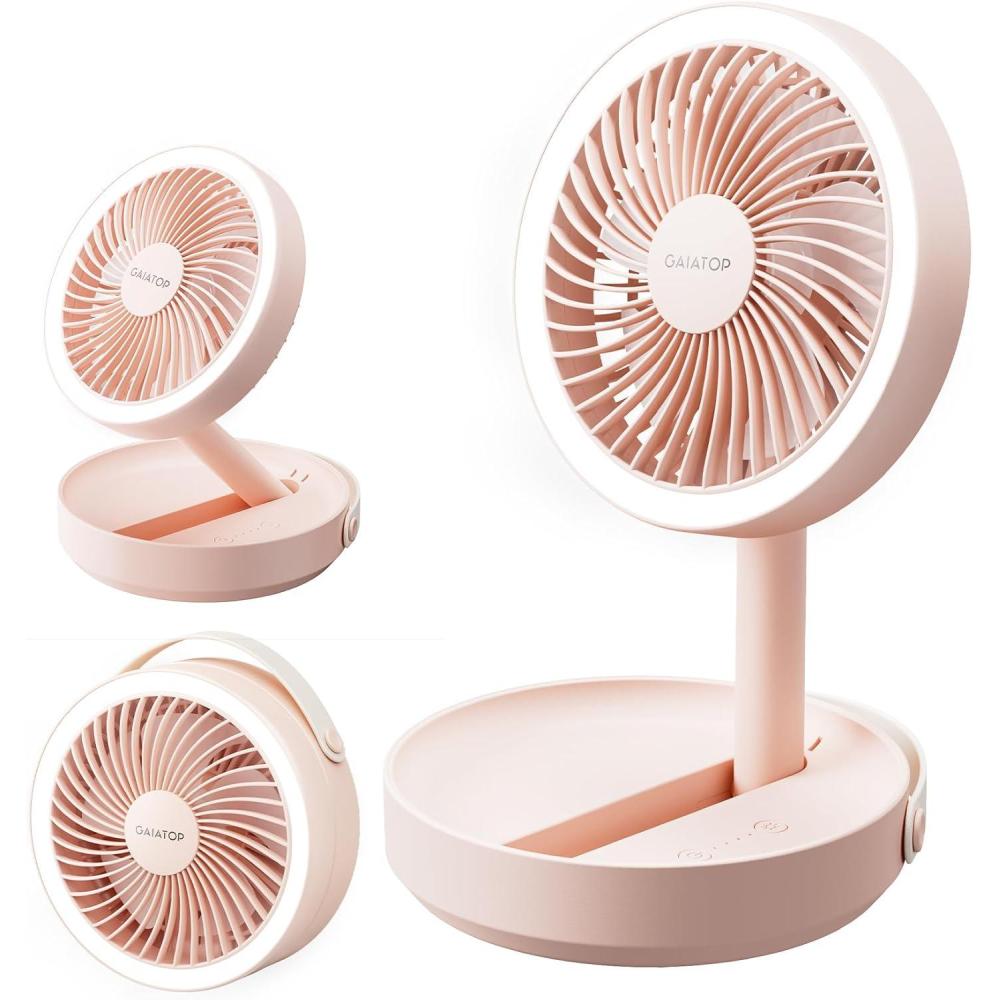 imageGaiatop Foldable Small Desk Fan with LED Night Light Wireless 6000mAh Battery Powered Portable Fan USB Rechargeable Bedroom Office Dorm Travel Camping Cruise Essentials Gifts for Women Men BlackPink