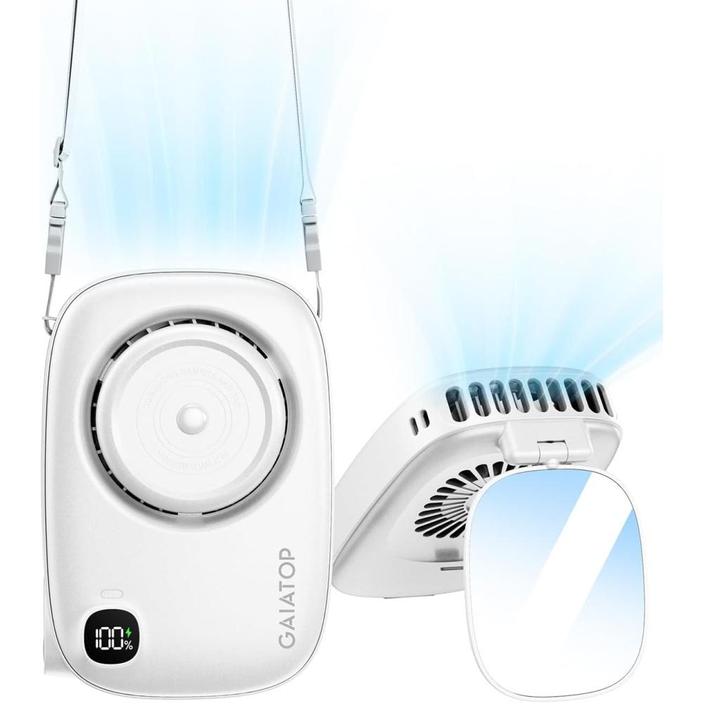imageGaiatop Mini Neck Fan Rechargeable Handheld Desk Use LED Power Display 3 Speed 360Rotate Mirror for Lash Makeup Cute Camera Design Small Portable USB Fans Personal Cooling Travel EssentialsWhite