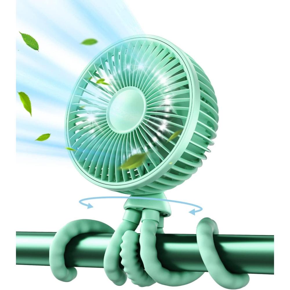 imageGaiatop Oscillating Baby Stroller Fan with LED Night Light 4 Speeds Cooling Rechargeable 360 Rotate Clip On Battery Operated Small Portable Fans for Car Seat Crib Treadmill TravelGreen