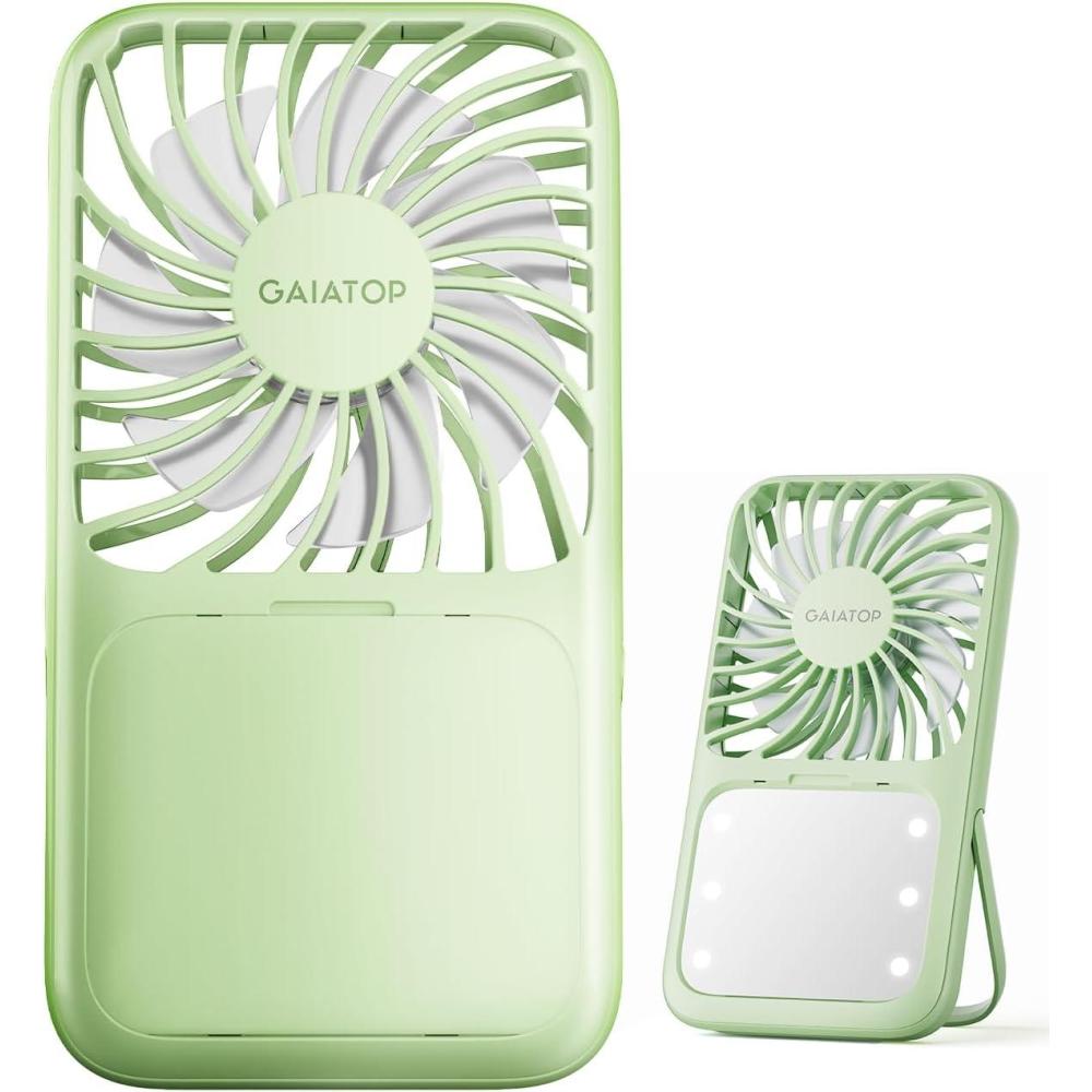imageGaiatop Portable Handheld Fan 3 Speed LED Makeup Mirror with Light Folding Stand for Desktop Rechargeable Mini Personal Fans Small Travel Essentials Gifts for Women GirlsGreen