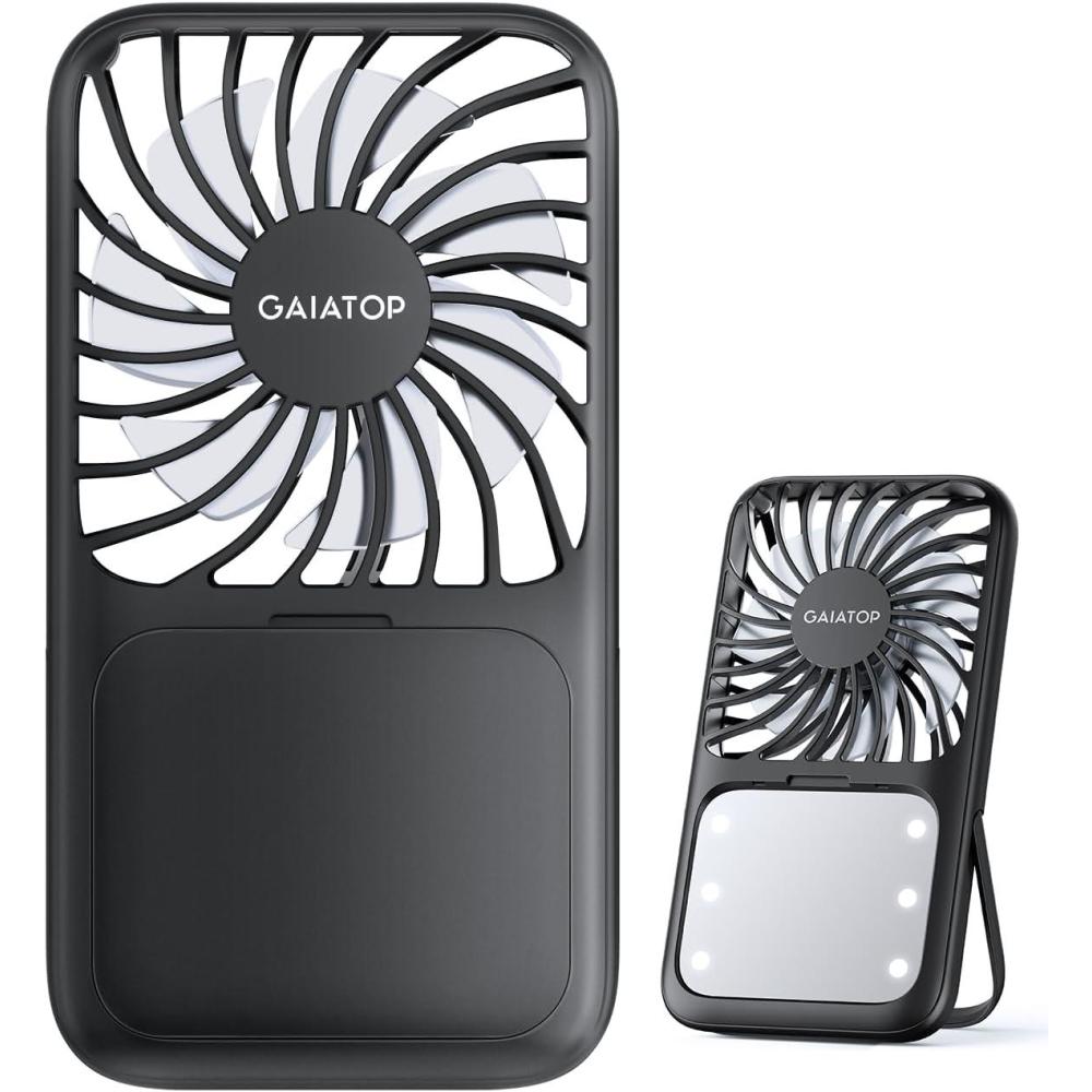 imageGaiatop Portable Handheld Fan 3 Speed LED Makeup Mirror with Light Folding Stand for Desktop Rechargeable Mini Personal Fans Small Travel Essentials Gifts for Women GirlsBlack