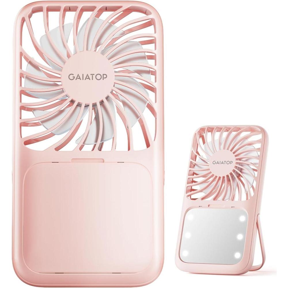 imageGaiatop Portable Handheld Fan 3 Speed LED Makeup Mirror with Light Folding Stand for Desktop Rechargeable Mini Personal Fans Small Travel Essentials Gifts for Women GirlsPink