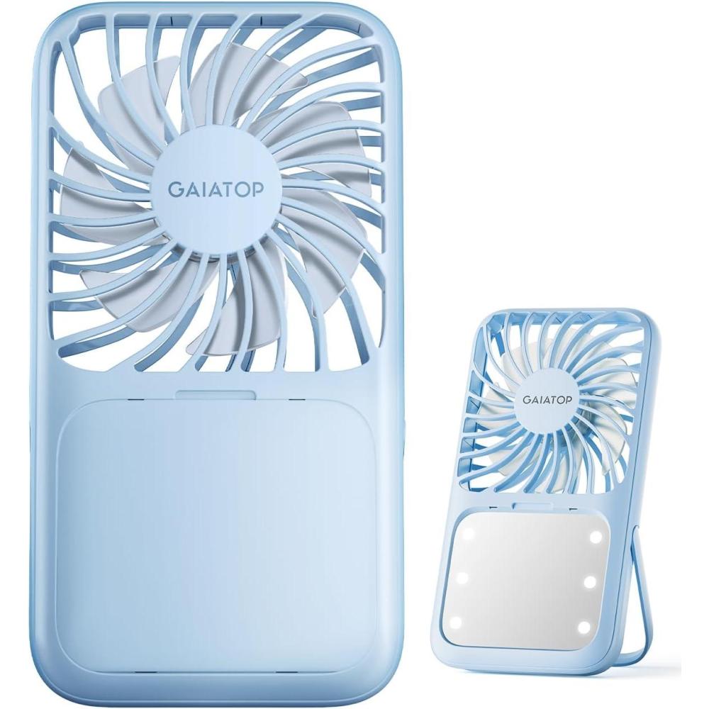 imageGaiatop Portable Handheld Fan 3 Speed LED Makeup Mirror with Light Folding Stand for Desktop Rechargeable Mini Personal Fans Small Travel Essentials Gifts for Women GirlsBlue