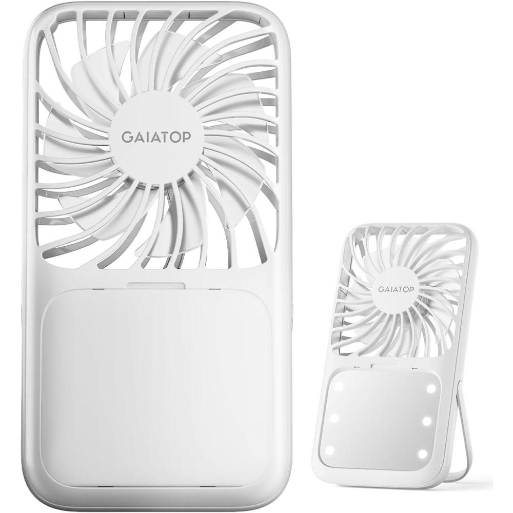 imageGaiatop Portable Handheld Fan 3 Speed LED Makeup Mirror with Light Folding Stand for Desktop Rechargeable Mini Personal Fans Small Travel Essentials Gifts for Women GirlsWhite