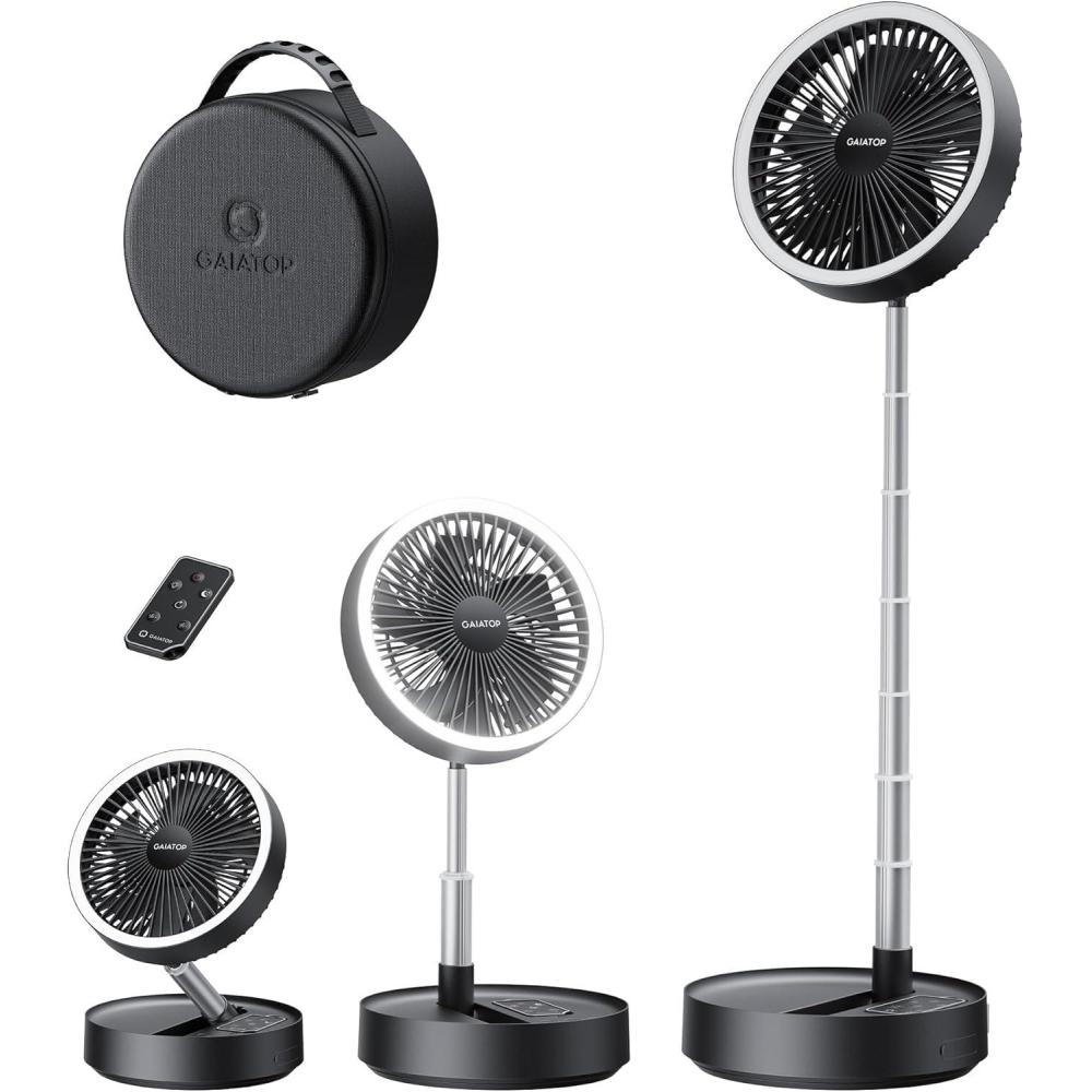 imageGaiatop Portable Pedestal Fan 16000mAh Battery Max 74h Runtime Foldable Oscillating Standing Fan Collapsible Desk Fans LED Light Case ampamp Remote Control 4 Speeds for Outdoor Travel Camping OfficeBlack
