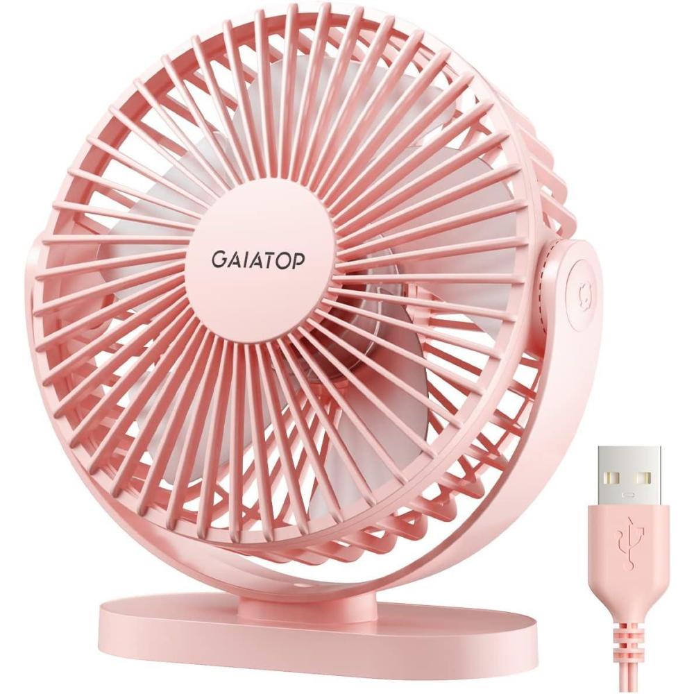 imageGaiatop USB Desk Fan 55 Inch Small Quiet Powerful 3 Speeds 90 Rotate Personal Mini Portable Desktop Table Fans Cooling for Home Office Car Travel Indoor Outdoor PinkPink