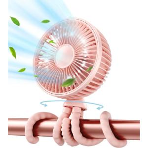 Gaiatop Oscillating Baby Stroller Fan with LED Night Light, 4 Speeds Cooling Rechargeable 360° Rotate Clip On, Battery Operated Small Portable Fans for Car Seat Crib Treadmill Travel(Pink)