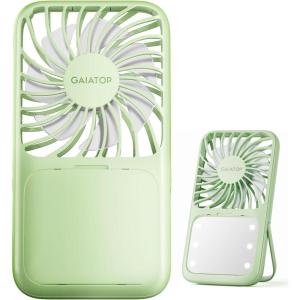Gaiatop Portable Handheld Fan, 3 Speed LED Makeup Mirror with Light, Folding Stand for Desktop, Rechargeable Mini Personal Fans Small Travel Essentials Gifts for Women Girls(Green)