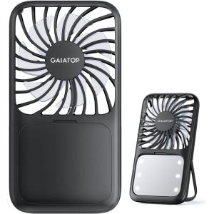 Gaiatop Portable Handheld Fan, 3 Speed LED Makeup Mirror with Light, Folding Stand for Desktop, Rechargeable Mini Personal Fans Small Travel Essentials Gifts for Women Girls(Black)