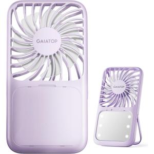 Gaiatop Portable Handheld Fan, 3 Speed LED Makeup Mirror with Light, Folding Stand for Desktop, Rechargeable Mini Personal Fans Small Travel Essentials Gifts for Women Girls(Purple)