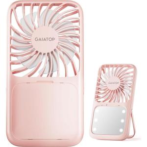 Gaiatop Portable Handheld Fan, 3 Speed LED Makeup Mirror with Light, Folding Stand for Desktop, Rechargeable Mini Personal Fans Small Travel Essentials Gifts for Women Girls(Pink)