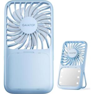 Gaiatop Portable Handheld Fan, 3 Speed LED Makeup Mirror with Light, Folding Stand for Desktop, Rechargeable Mini Personal Fans Small Travel Essentials Gifts for Women Girls(Blue)