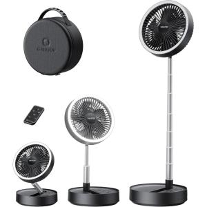 Gaiatop Portable Pedestal Fan 16000mAh Battery [Max 74h Runtime], Foldable Oscillating Standing Fan, Collapsible Desk Fans, LED Light, Case & Remote Control, 4 Speeds for Outdoor Travel Camping Office(Black)