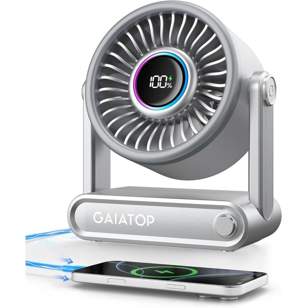 imageGaiatop Portable Quiet Desk Fan with Power Bank 6000mAh Rechargeable Battery Fan with RGB Ring 18Hrs Runtime 5Speed Strong Wind Bedroom Office Desk Accessories Gifts for Women Men Teens SilverSilver