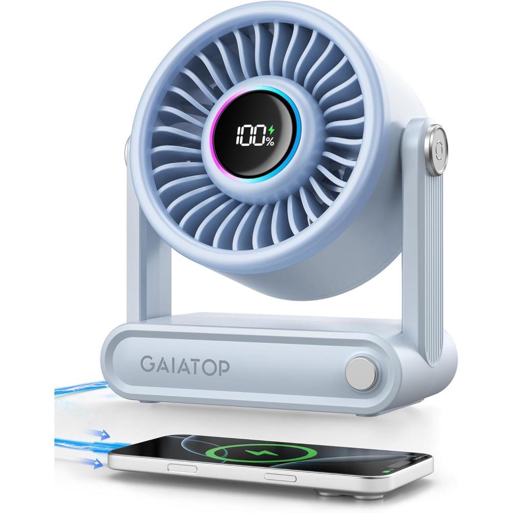 imageGaiatop Portable Quiet Desk Fan with Power Bank 6000mAh Rechargeable Battery Fan with RGB Ring 18Hrs Runtime 5Speed Strong Wind Bedroom Office Desk Accessories Gifts for Women Men Teens SilverBlue