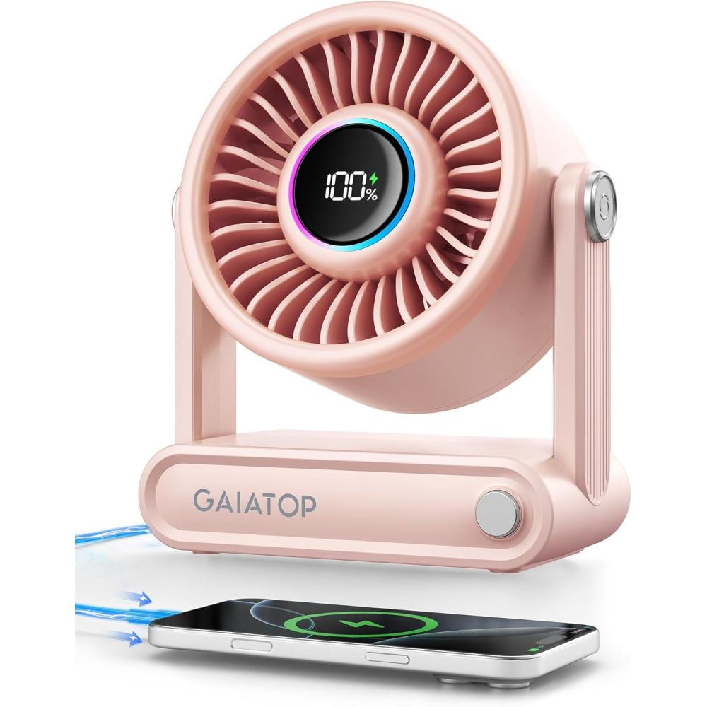 imageGaiatop Portable Quiet Desk Fan with Power Bank 6000mAh Rechargeable Battery Fan with RGB Ring 18Hrs Runtime 5Speed Strong Wind Bedroom Office Desk Accessories Gifts for Women Men Teens SilverPeach Pink