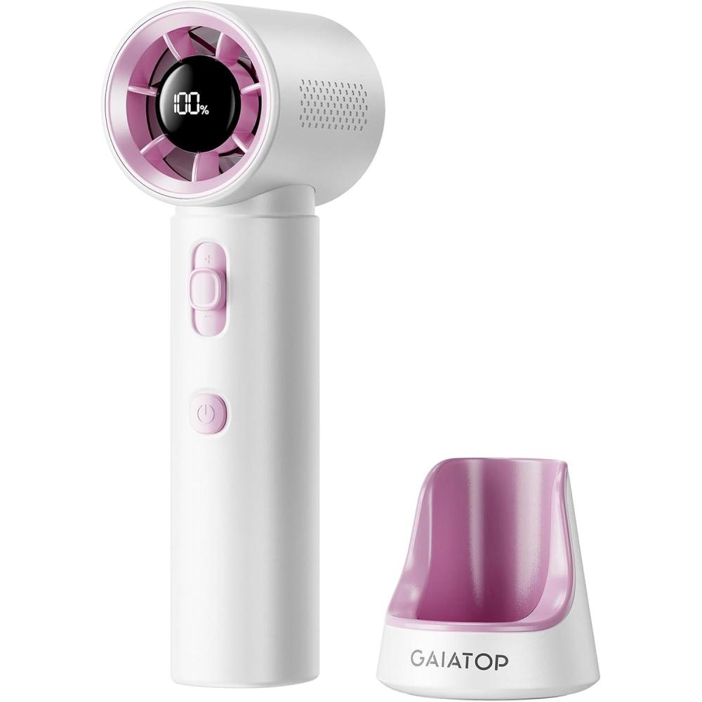 image:imageGaiatop Portable Handheld Turbo Fan 100 Gear High Speed Up to 12H Rechargeable Personal Fan with Digital Display Detachable Base amp Lanyard Small Travel Essentials Cooling Gifts for Women MenWhite