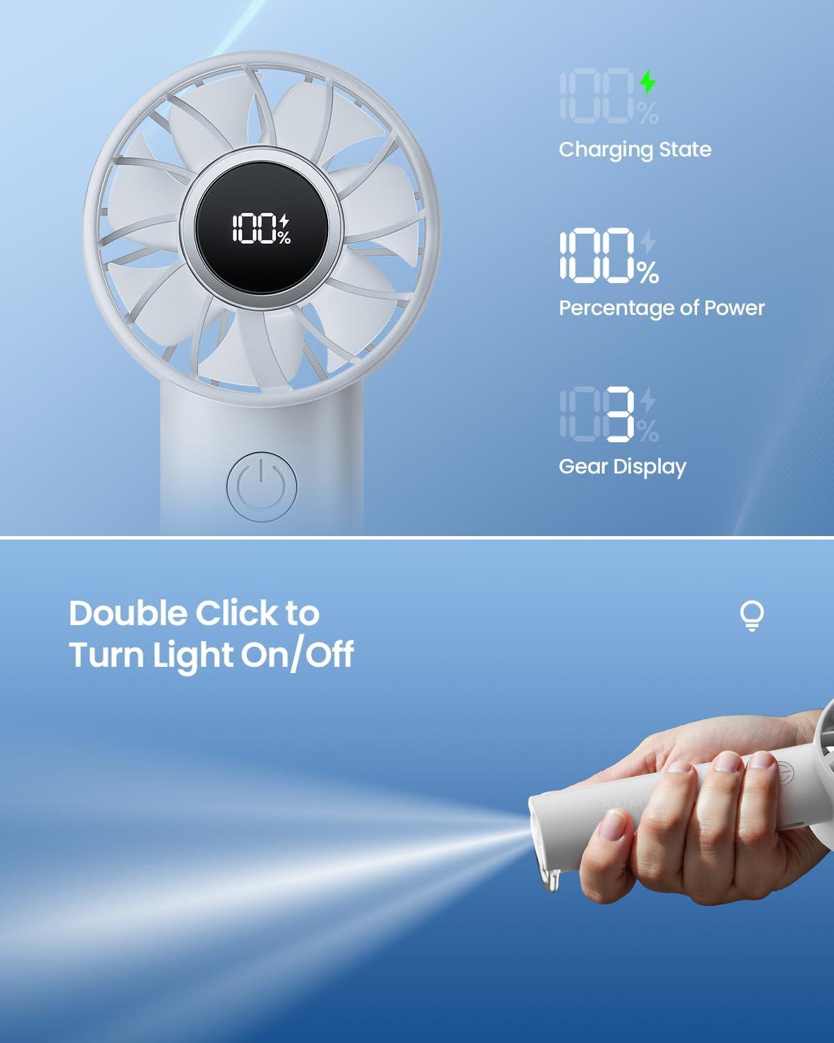image:imageGaiatop Portable Mini Fan 3 Speed Handheld Fans with Power Display Flashlight USB Rechargeable Battery Lightweight Personal Cooling for Women Men Indoor Outdoor Travel Navy BlueWhite