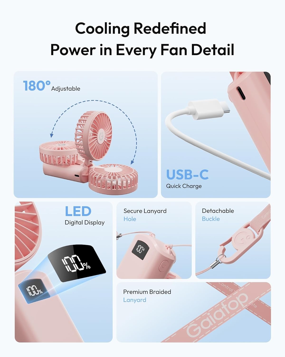 image:imageGaiatop 4000mAh Handheld Mini Fan 7110RPM High Speed Portable Personal Fan 3 Gears Strong Wind LED Display USB Rechargeable Battery Operated Gift for Women Makeup Travel Outdoor PinkPink